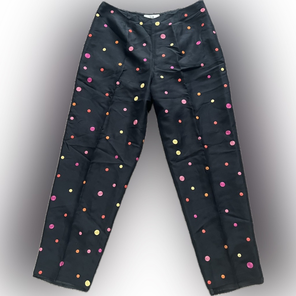 VINTAGE 100% Silk Multicolor Polka Dot Black Pants By S.L.B. Size 8. - Picture 4 of 14